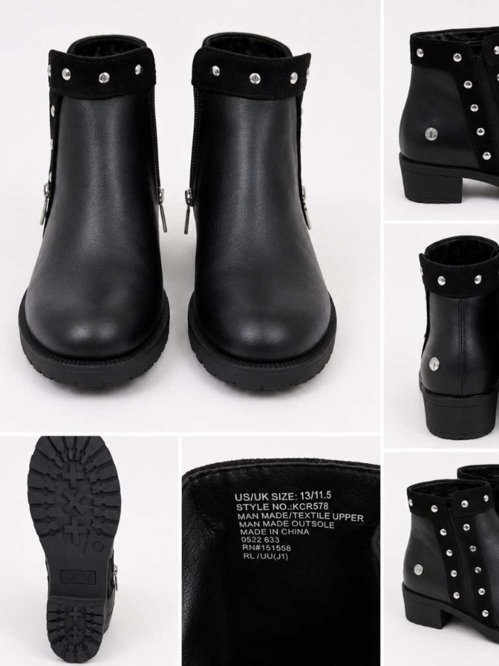 Kenneth Cole Reaction Girls Black Studded Ankle Boots Size 13